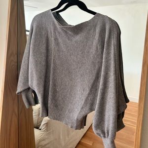 Gray swoop neck, long, sleeved, waffle knit sweater